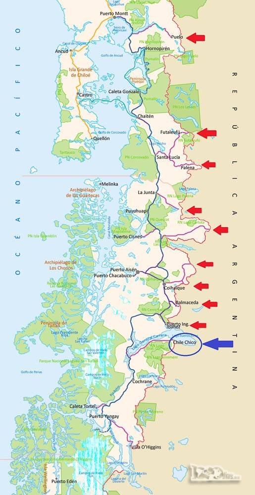 Mapa mostrando todo o percurso da Carretera Austral e os acessos a esta estrada do lado argentino. Nós viemos por Chile Chico, o acesso rodoviário mais ao sul. Caminhando e de bicicleta, é possível chegar diretamente em Villa O'Higgins